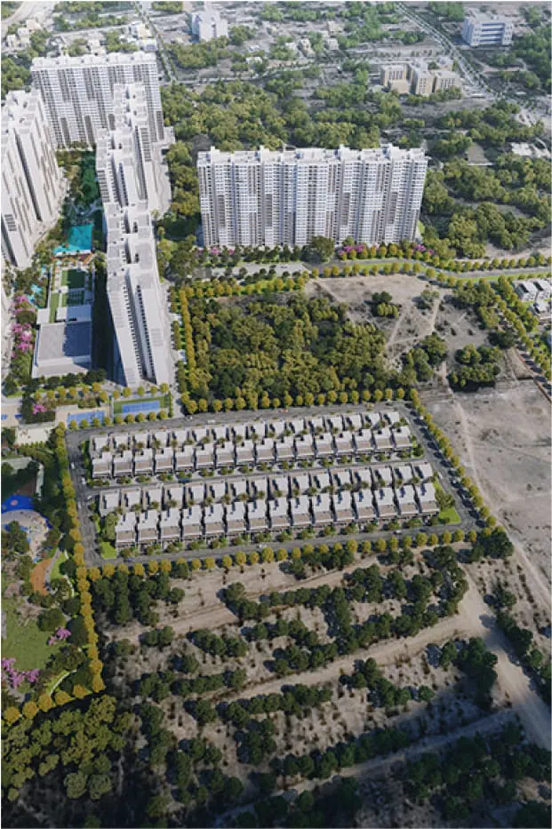 Aerial render of Adarsh Welkin Park Apartments with the towers, clubhouse and landscaped podium