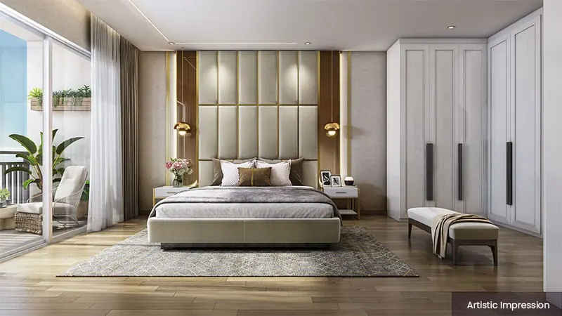 Render of a master bedroom with a balcony at Adarsh Welkin Park Apartments