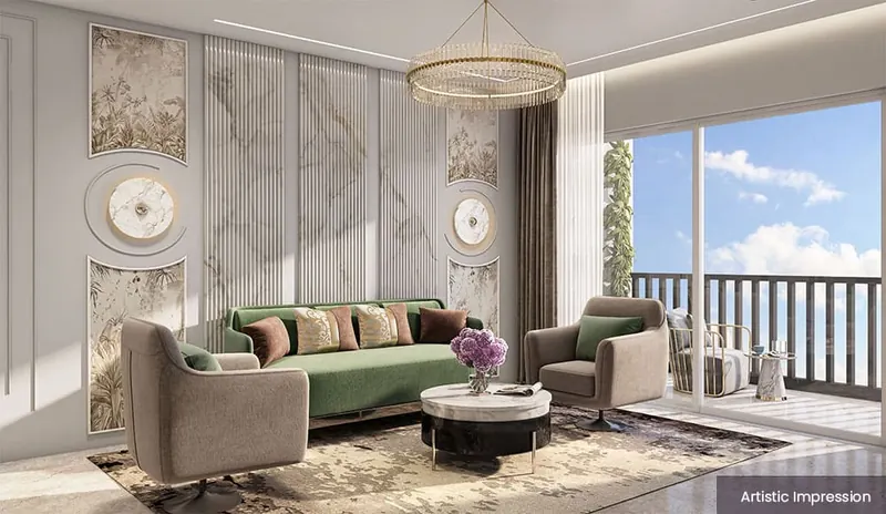 Render of a living room with a balcony view at Adarsh Welkin Park Apartments