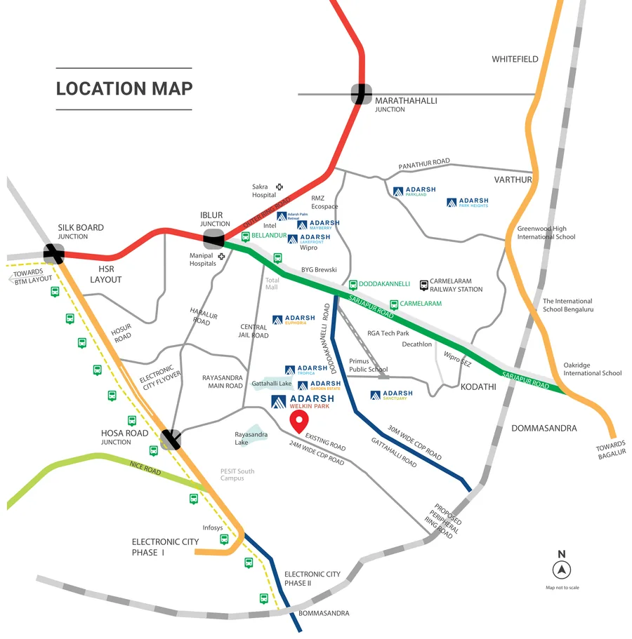 Adarsh Welkin Park location map showing Sarjapur Road, Electronic City, the Metro lines and nearby schools and hospitals