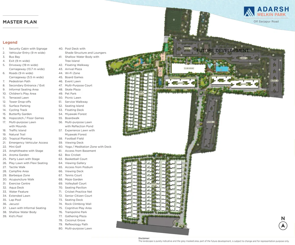 Adarsh Welkin Park master plan with the towers, clubhouse, lake-side landscape and numbered legend