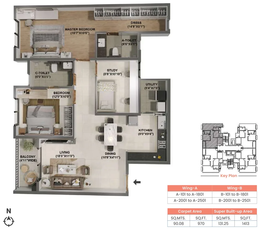 Adarsh Welkin Park 2.5 BHK floor plan, Type 2.5E, 1,413 sq ft super built-up
