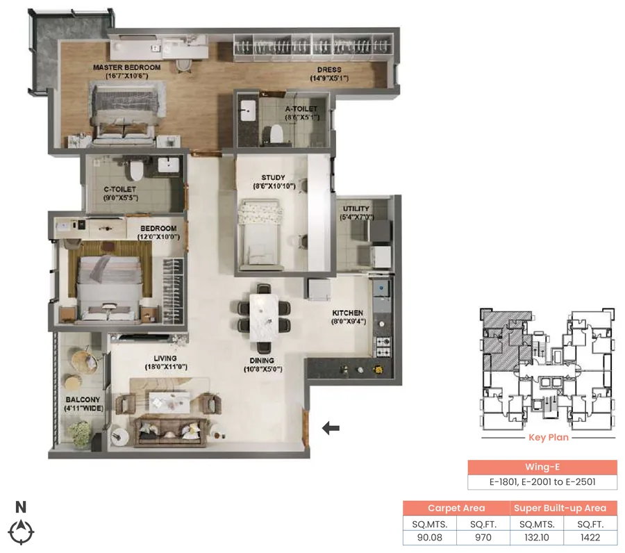 Adarsh Welkin Park 2.5 BHK floor plan, Type 2.5E.1, 1,422 sq ft super built-up