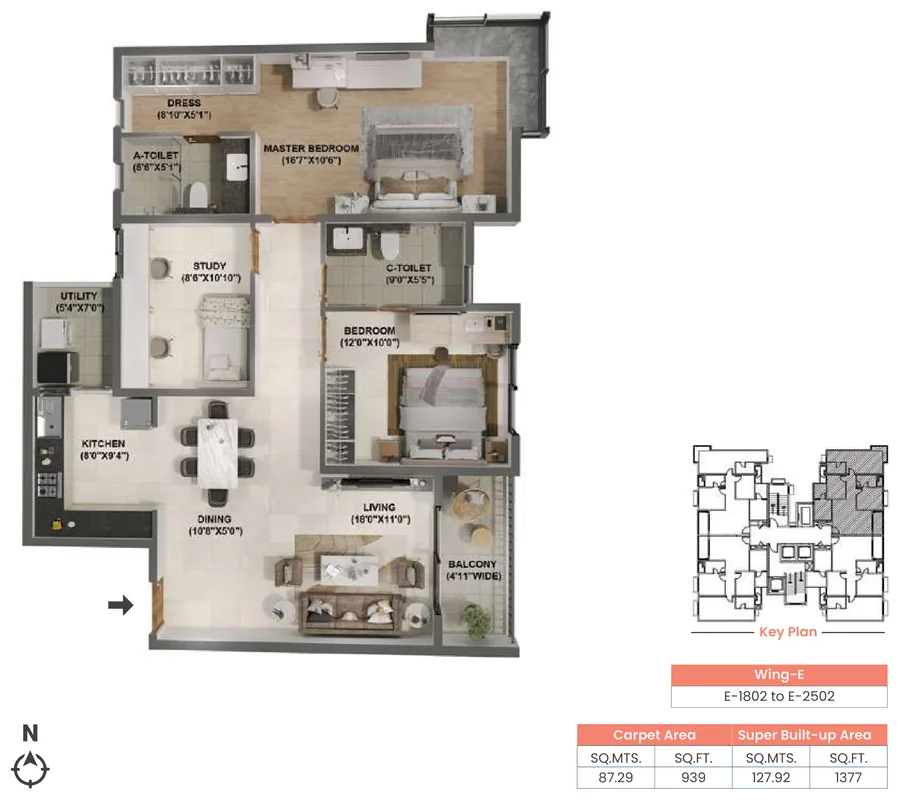 Adarsh Welkin Park 2.5 BHK floor plan, Type 2.5F.1, 1,377 sq ft super built-up