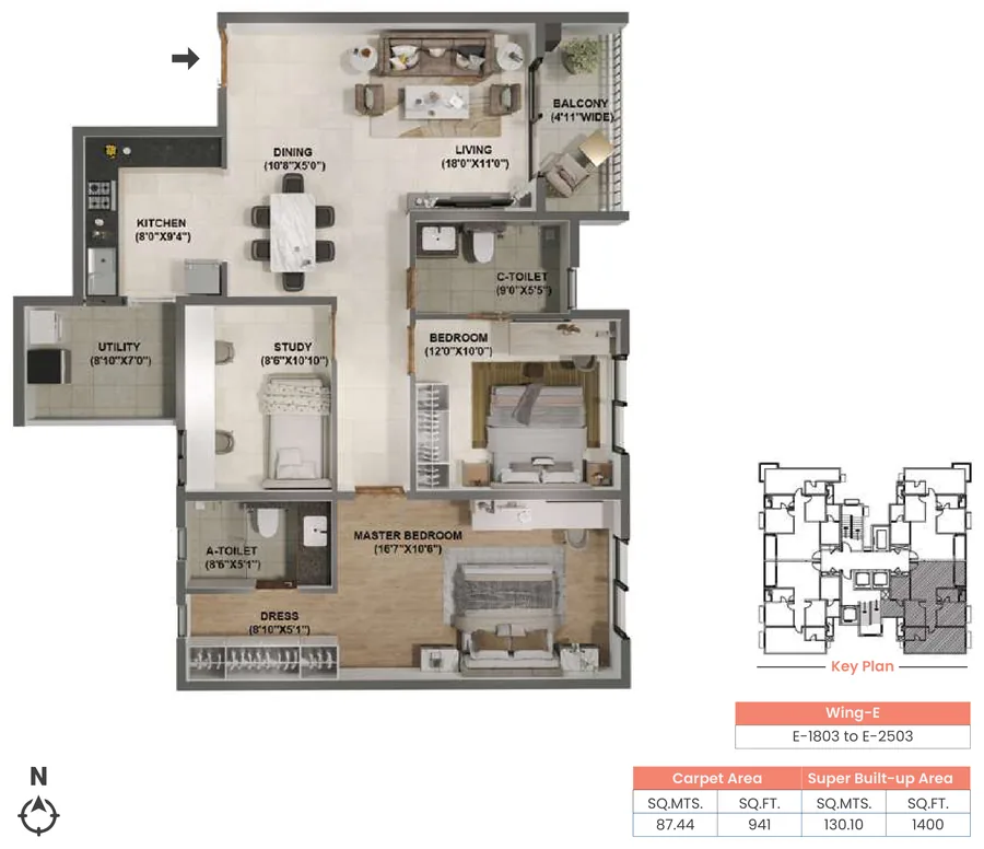 Adarsh Welkin Park 2.5 BHK floor plan, Type 2.5G, 1,400 sq ft super built-up