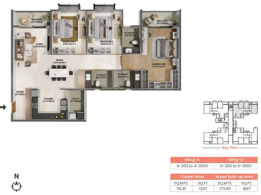 Adarsh Welkin Park 3 BHK floor plan, Type 3A, 1,867 sq ft super built-up