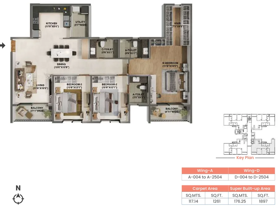 Adarsh Welkin Park 3 BHK floor plan, Type 3B, 1,897 sq ft super built-up