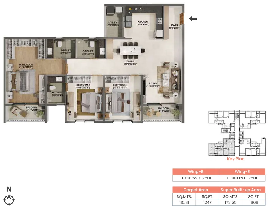 Adarsh Welkin Park 3 BHK floor plan, Type 3C, 1,868 sq ft super built-up