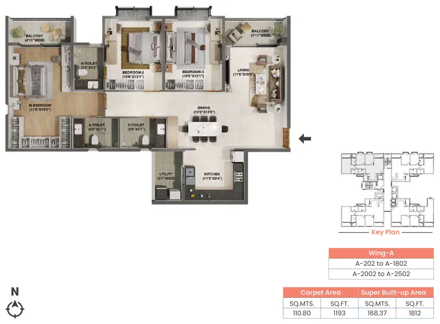 Adarsh Welkin Park 3 BHK floor plan, Type 3D.1, 1,812 sq ft super built-up