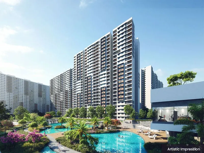 Pool and landscaped deck between the Adarsh Welkin Park towers