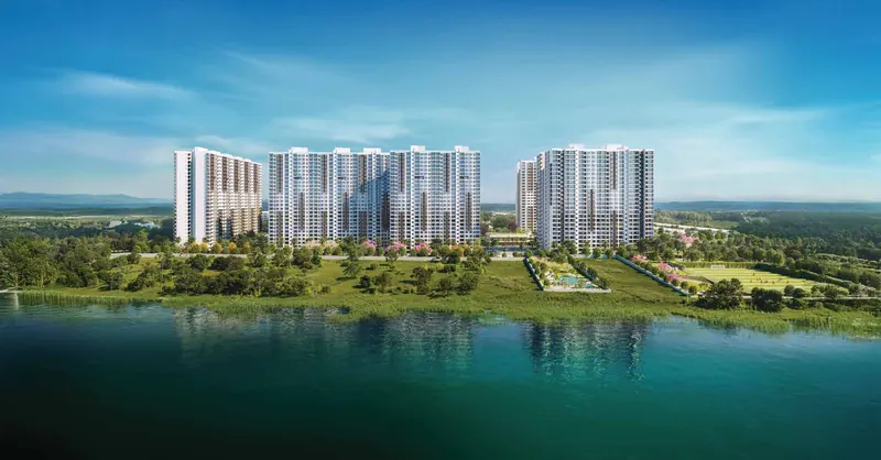 Adarsh Welkin Park towers reflected in Gattahalli Lake