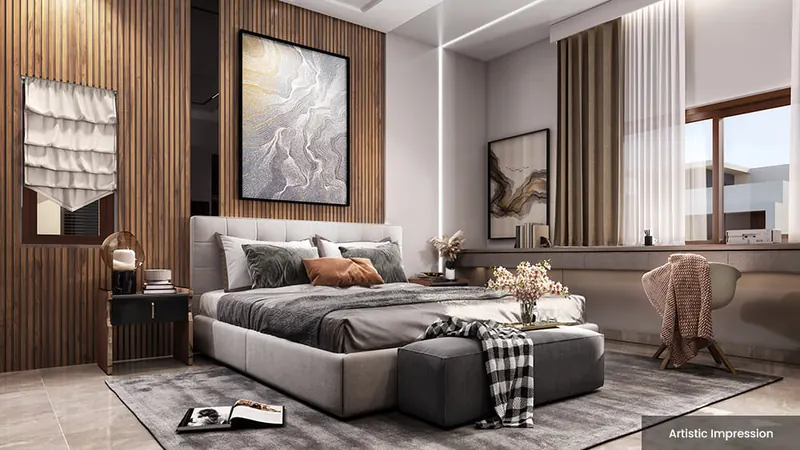 Render of a master bedroom in an Adarsh Welkin Park villa