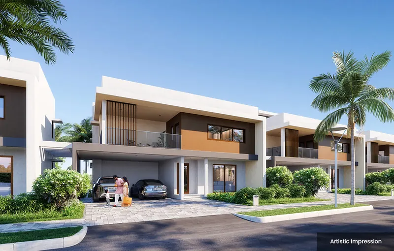 Render of an Adarsh Welkin Park villa frontage with garage and balcony