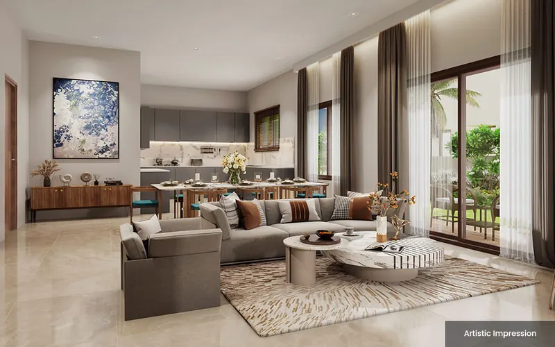 Render of an open living and dining room in an Adarsh Welkin Park villa