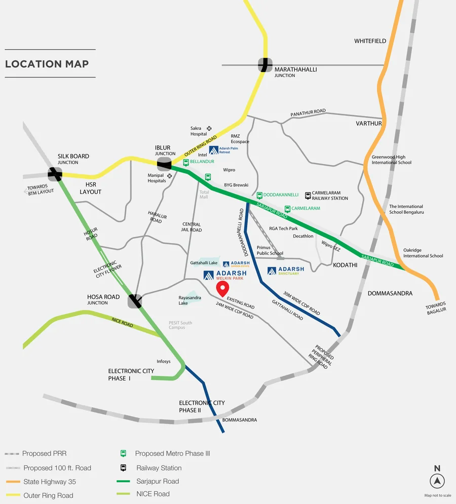 Adarsh Welkin Park Villas location map with Sarjapur Road, Electronic City and nearby landmarks