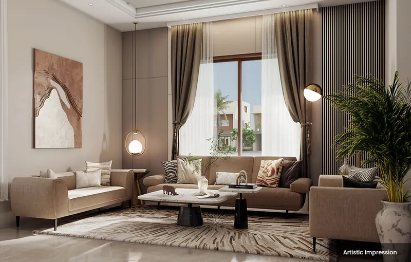 Render of a villa living room with tall windows at Adarsh Welkin Park