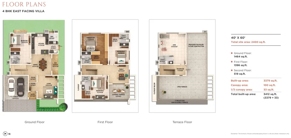 Adarsh Welkin Park 4 BHK East-facing villa plan on a 40' × 60' plot, 3,412 sq ft