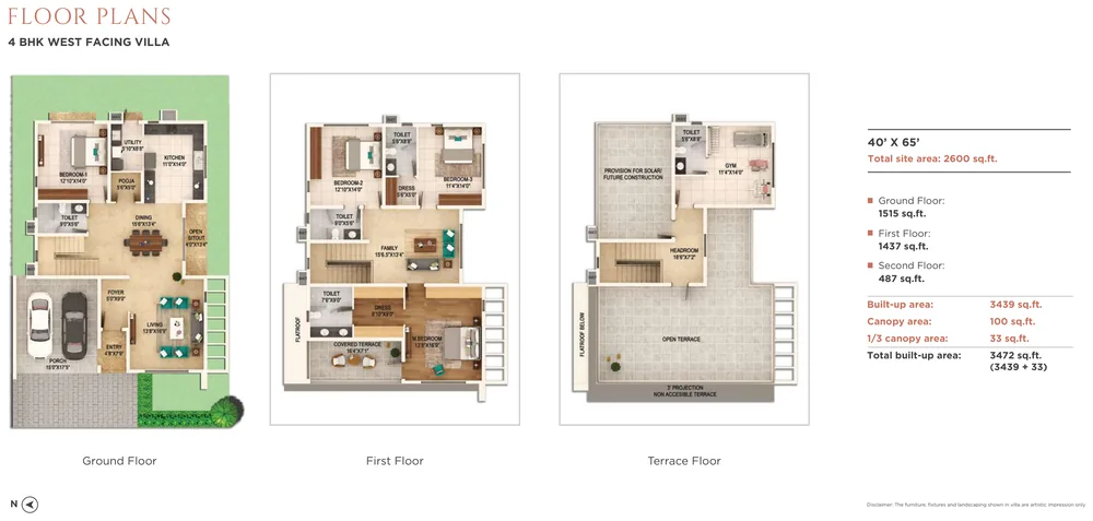 Adarsh Welkin Park 4 BHK West-facing villa plan on a 40' × 65' plot, 3,472 sq ft