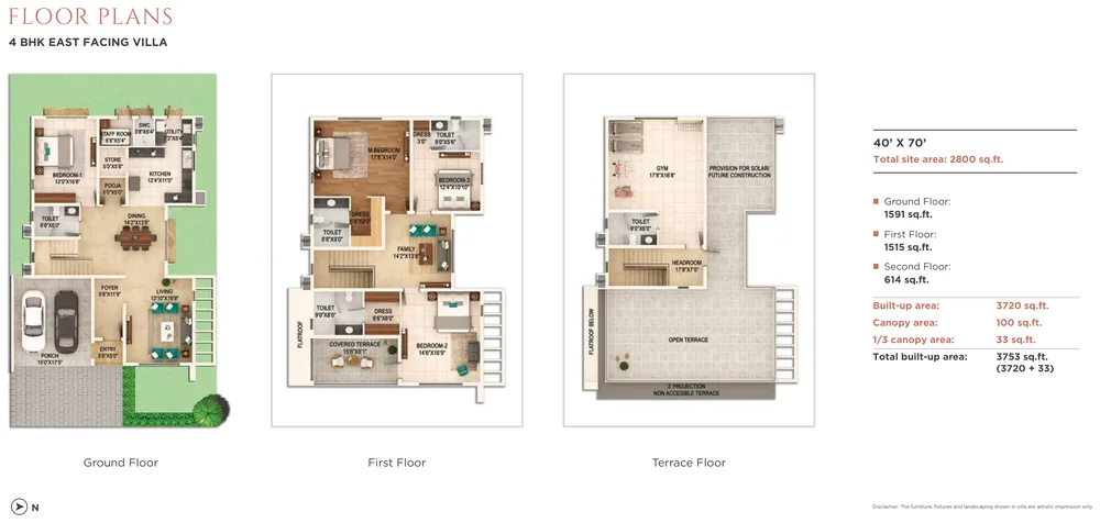 Adarsh Welkin Park 4 BHK East-facing villa plan on a 40' × 70' plot, 3,753 sq ft