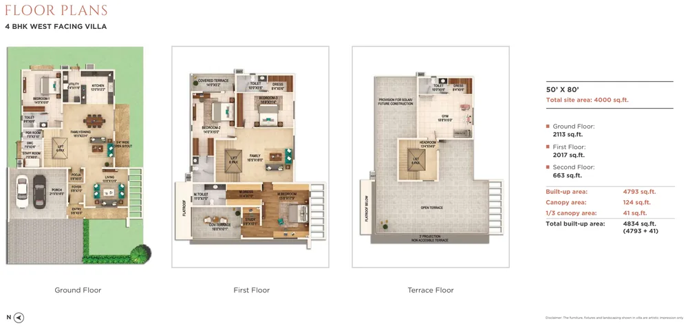 Adarsh Welkin Park 4 BHK West-facing villa plan on a 50' × 80' plot, 4,834 sq ft