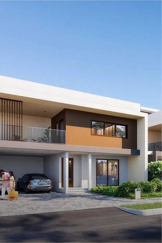 Adarsh Welkin Park villa with a garage, balcony and landscaped front garden