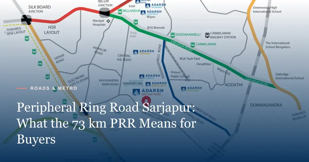 Developer location map of Adarsh Welkin Park near Gattahalli Lake, showing Sarjapur Road, the metro and the proposed Peripheral Ring Road