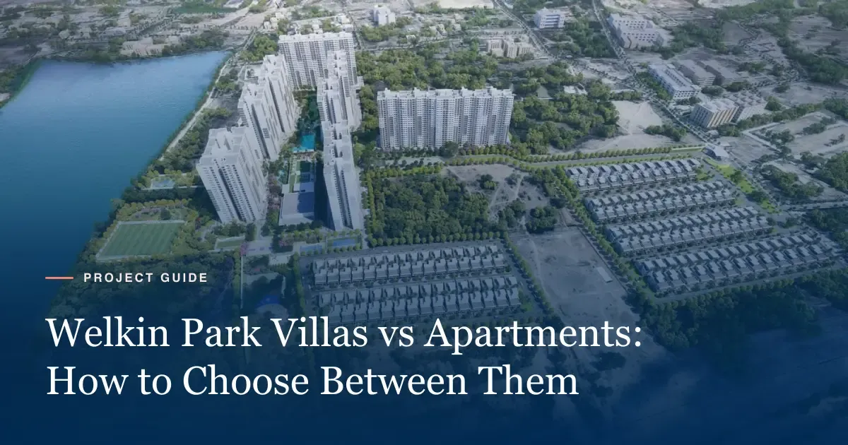 Aerial view of the Adarsh Welkin Park towers and landscape beside Gattahalli Lake, off Sarjapur Road